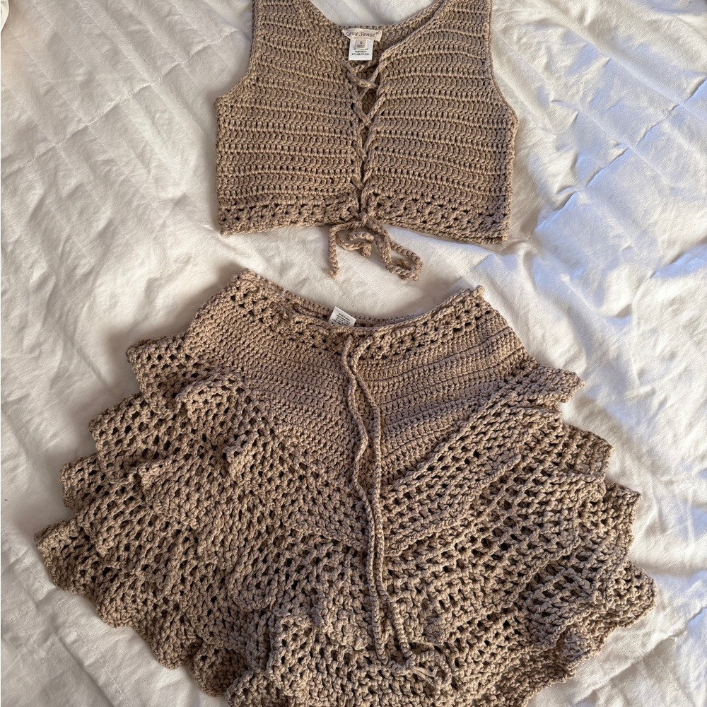 Women's Crochet Skort Set in Tan